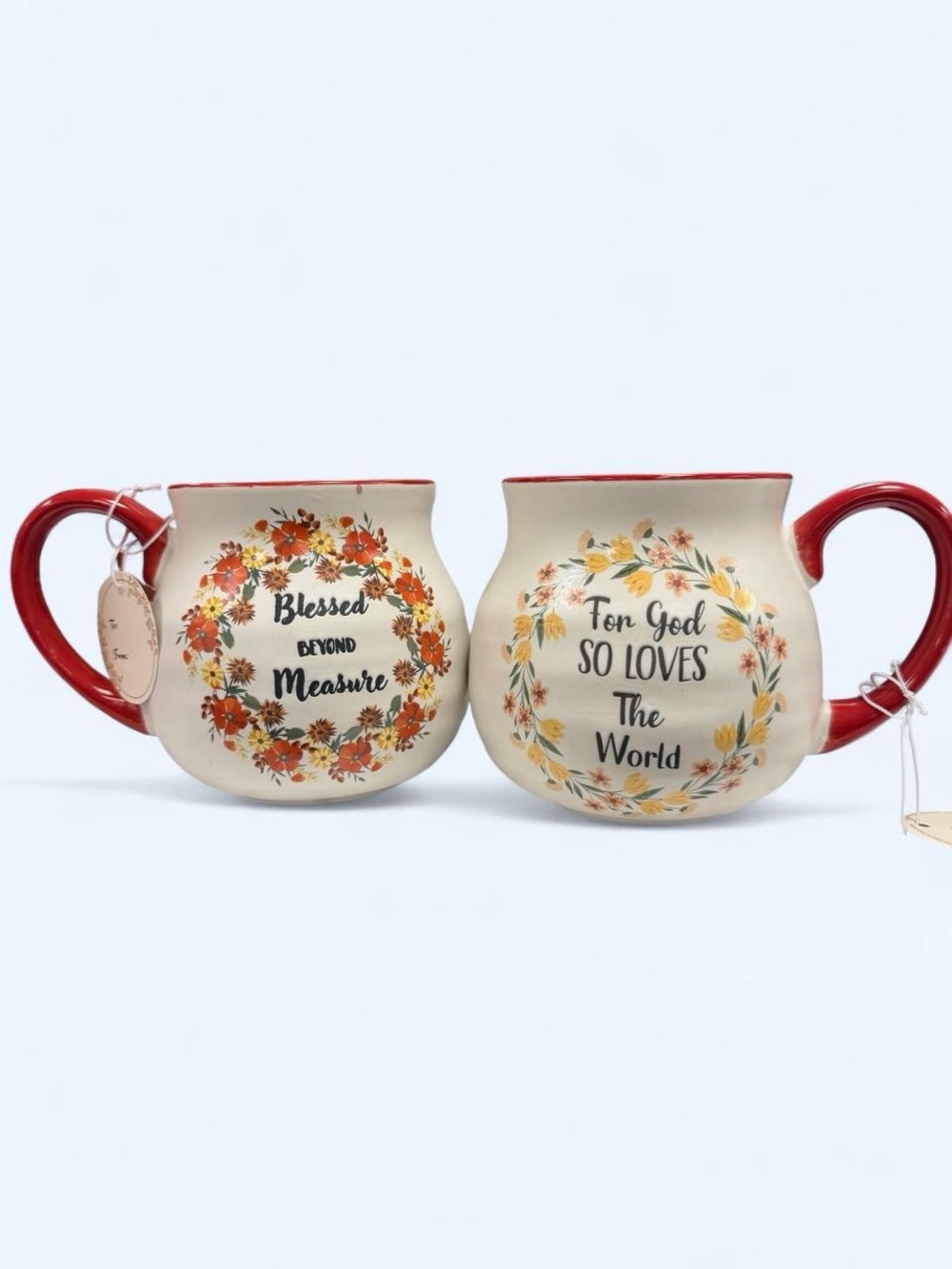 Inspirational Floral Ceramic Mug Set with Red Handles
